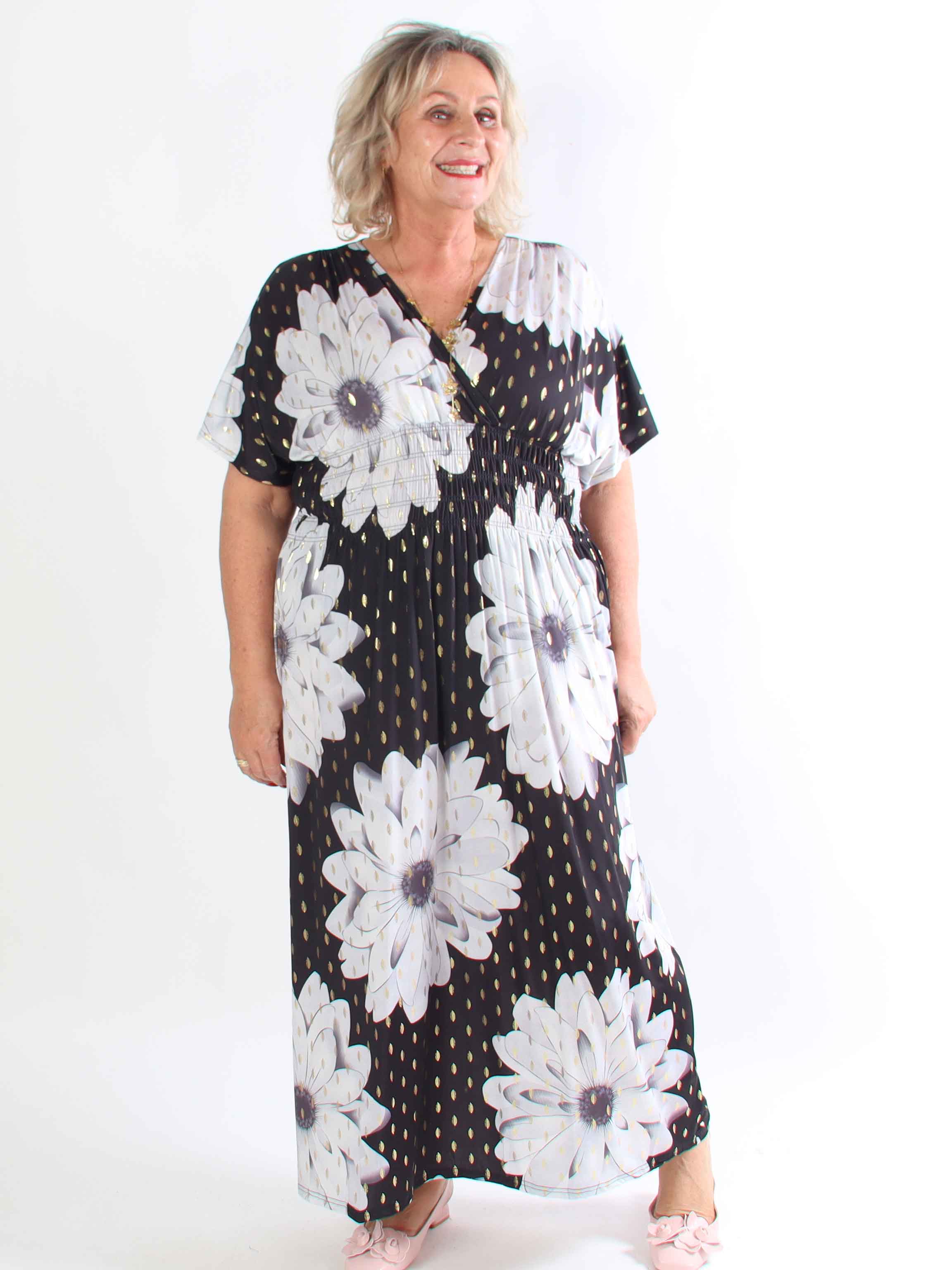 Pams Eden - Lang plus size kjole med store blomster og guld dutter